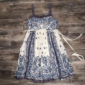 Maeve Anthropology Women’s Ivory Blue Floral Tie-Waist Cotton Sundress Size 10